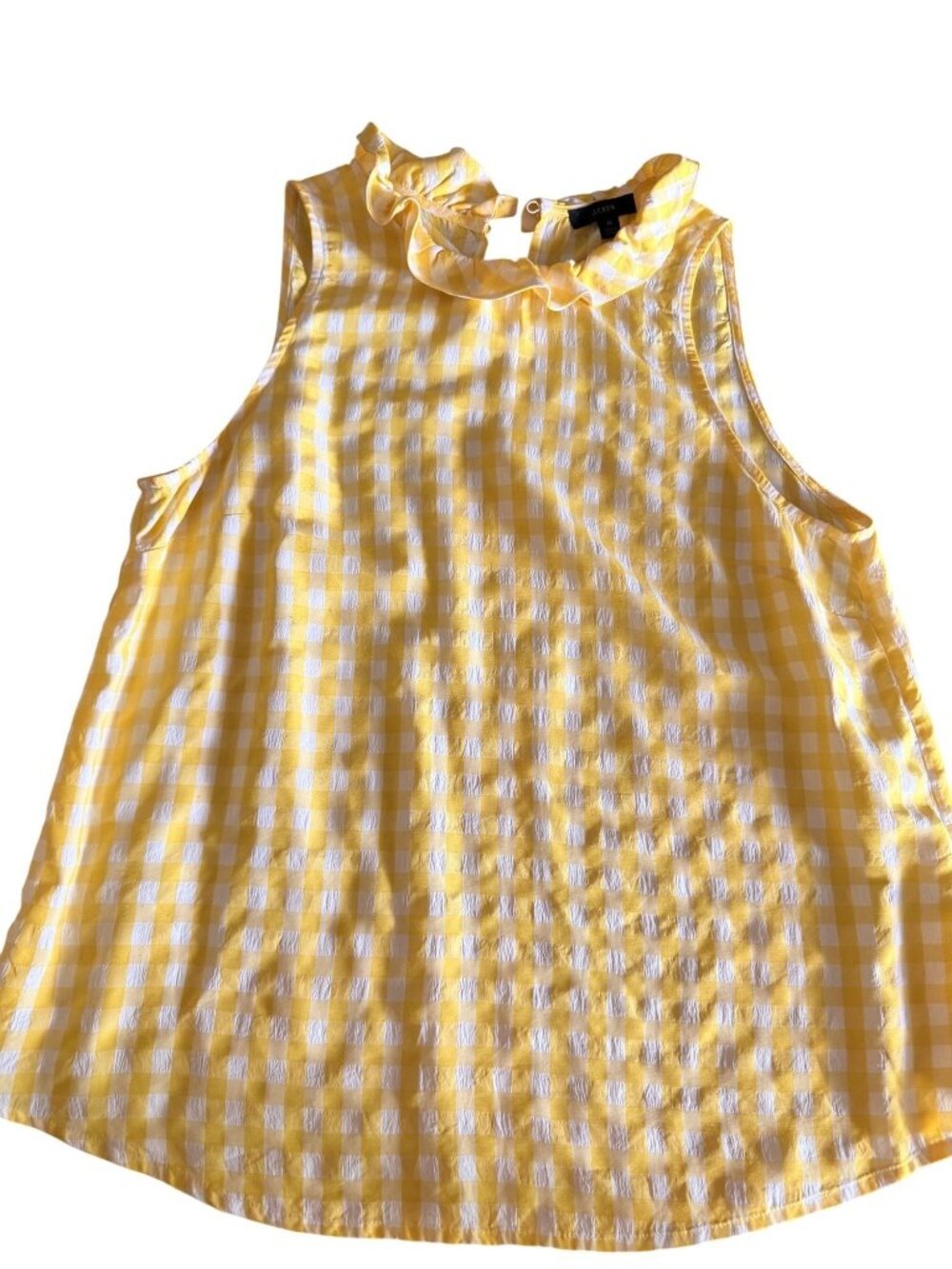 J. Crew Yellow Gingham Sleeveless Blouse w/Ruffle Collar & Button Neck Womens M